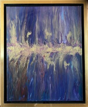 Dramatic abstract of metallic gold over varied colors of purples and blues and more gold.