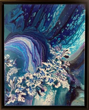 Gorgeous abstract white & blue flowers on beautiful multi designed iridescent dark blues, turquoise and white background