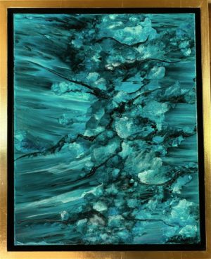 Dramatic abstract of shades of turquoise clashing through black.